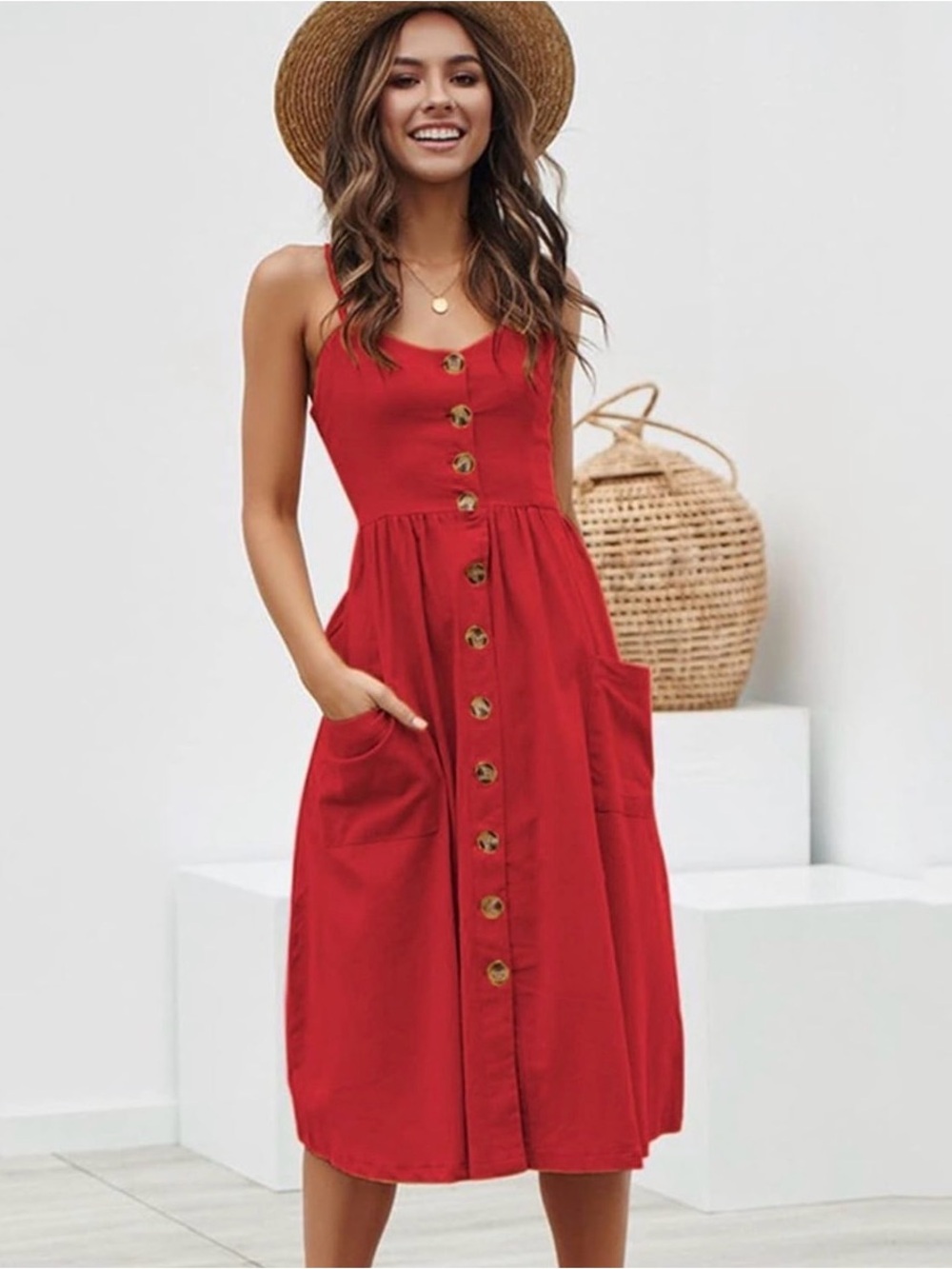 Spaghetti Strap Red Sundress with Pockets - Size Small